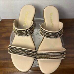 Toscanella Mimma Italy Cream Leather Beaded Two Strap Wedge Slide Sandals Mens 8